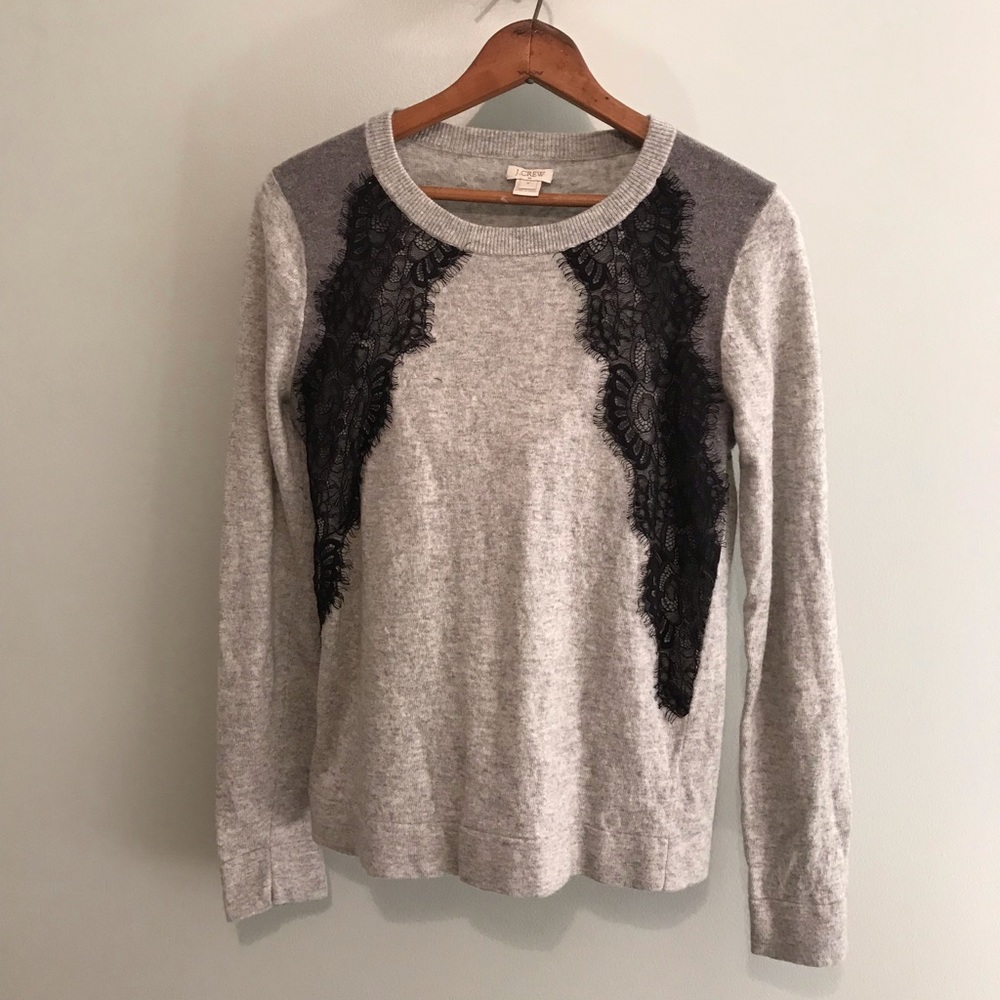 J CREW - Block Lace Panel Sweater - Grey + Black
